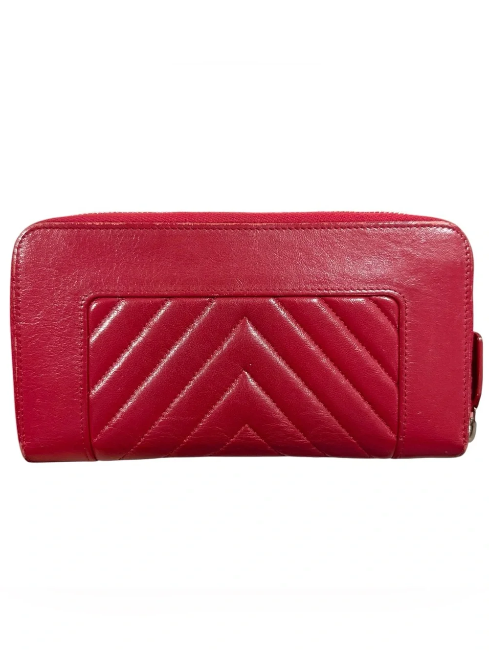 Chanel Mademoiselle Chevron Red Lambskin Leather Zip Around Zippy Large Wallet